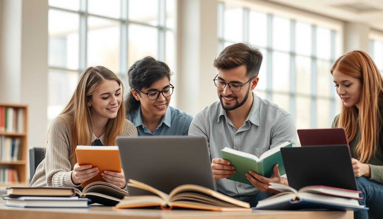 Students studying together in modern classroom